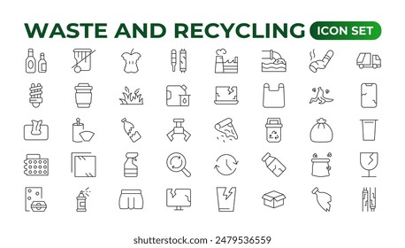 Set of Waste and Recycling line icons. Garbage, Trash, separation, and waste recycling Linear icon collection.