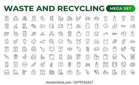 Set of Waste and Recycling line icons. Garbage, Trash, separation, and waste recycling Linear icon collection.