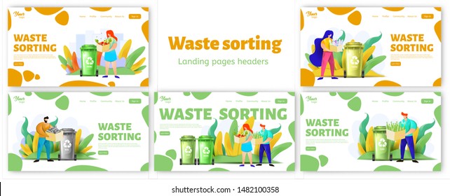 Set of waste sorting landing webpage headers templates. Man and woman separating metal, organic and glass wastes. Illustration showing female and male characters throwing wastes in recycling