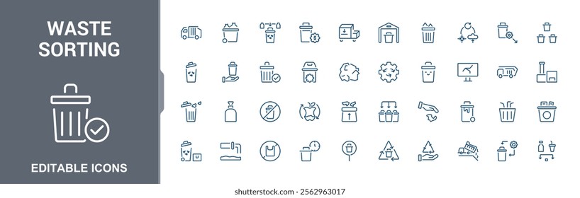 Set of Waste Sorting line icons. Contains related to metal, renewable, disposal, container, recycle, bottle, pollution and more. Set of minimalist line pictogram. Editable vector stroke.