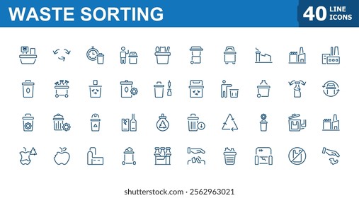 Set of Waste Sorting line icons. Contains related to metal, renewable, disposal, container, recycle, bottle, pollution and more. Set of minimalist line pictogram. Editable vector stroke.