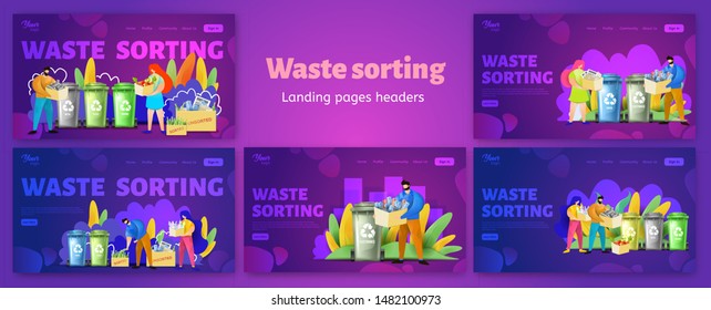 Set of waste sorting webpage templates. Man and woman separating metal, organic and glass wastes. Vector illustration showing female and male characters throwing wastes in recycling bins.