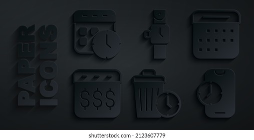 Set Waste of time, Calendar, Payday, calendar with dollar, Alarm clock app mobile, Wrist watch and and icon. Vector
