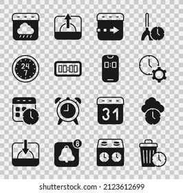 Set Waste of time, Clock, Time management, moscas on the clock, Digital alarmas, 24 horas, Calendar otoño y Alarm app mobile icon. Vector