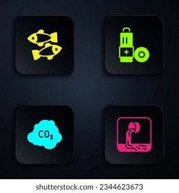 Set Wastewater, Dead fish, CO2 emissions in cloud and Battery. Black square button. Vector