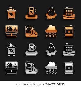 Set Wastewater, House flood, Barrel oil, Cloud with rain, Weather forecast, Glacier melting, Recycle bin recycle and Petrol gas station icon. Vector