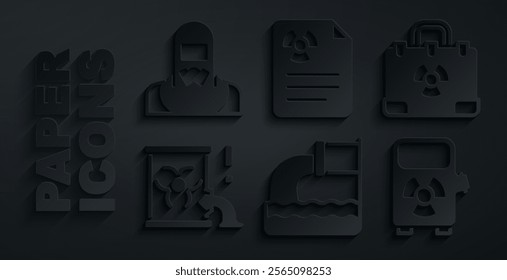 Set Wastewater, Radiation nuclear suitcase, Radioactive waste in barrel, Electric car charging station, warning document and Nuclear reactor worker icon. Vector