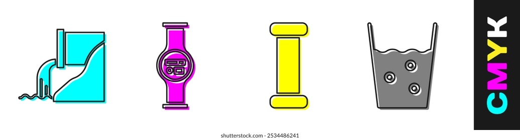 Set Wastewater, Water meter, Industry metallic pipe and Glass with water icon. Vector