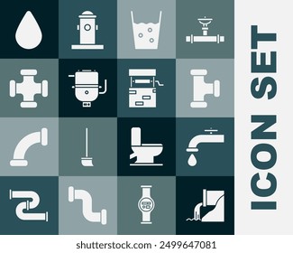 Set Abwasser, Wasserhahn, Industrie Metallrohr, Glas mit, Elektrischer Heizkessel, Tropfen und Brunnen-Symbol. Vektorgrafik