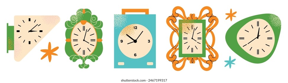 Set watch. Cartoon analog and modern timepieces. Digital interior chronometers. Retro alarm clock bright colours, modern design. Vector illustration isolated on background