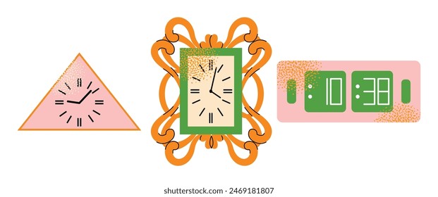 Set watch. Cartoon analog and modern timepieces. Digital interior chronometers. Retro alarm clock bright colours, modern design. Vector illustration isolated on background