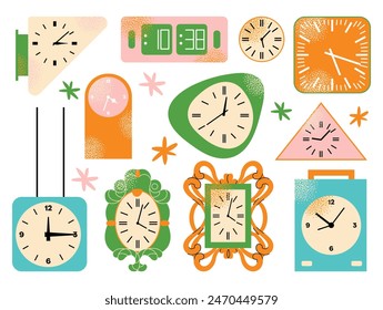 Uhr einstellen. Cartoon analoge und moderne Zeitmesser. Digitale Innenchronometer. Retro Wecker helle Farben, modernes Design. Vektorillustration isoliert auf Hintergrund