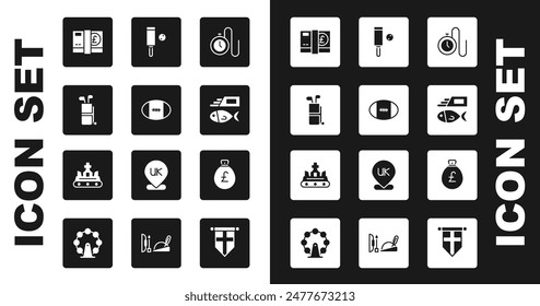 Set Watch with a chain, Rugby ball, Golf bag clubs, Pound sterling money, Fish and chips, Wood cricket bat, Money pound and British crown icon. Vector