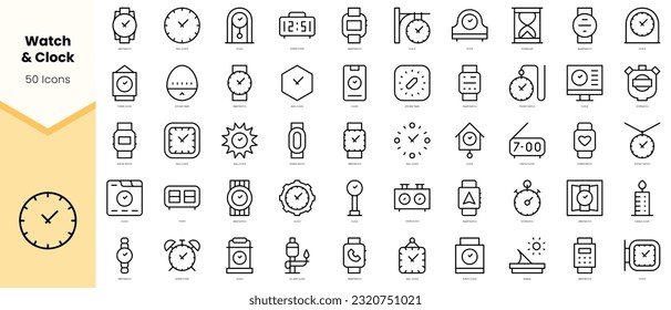 Set of watch and clock Icons. Simple line art style icons pack. Vector illustration