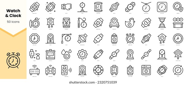 Set of watch and clock Icons. Simple line art style icons pack. Vector illustration