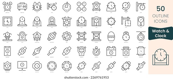 Set of watch and clock icons. Thin linear style icons Pack. Vector Illustration