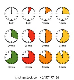 Set of watch dials. Clock. Different minute intervals are highlighted in color. Vector illustration in flat style over white background.