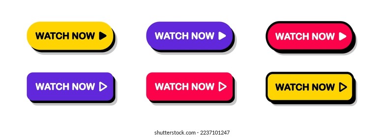 Set of Watch now buttons. Play video buttons in flat style. Watch video. Play now. Web media. Online translation. Set of vector modern trendy flat buttons for website. UI element. Vector illustration