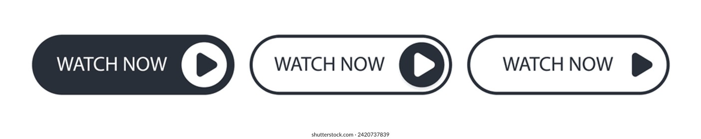 Set of watch now buttons. Play video button for website design. Call to action buttons. Modern colorful buttons collection. Web icons. Vector illustration.