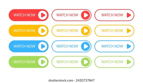 Juego de botones de vigilancia ahora. Reproducir botón de vídeo para el diseño del sitio web. Botones de llamada a la acción. Colección moderna de botones coloridos. Iconos Web. Ilustración vectorial.
