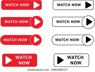 Set of Watch now buttons. Play video buttons in flat style. Watch video buttons red and black and white Set of vector modern trendy flat buttons for website. UI element.