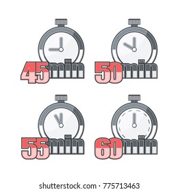 Set of Watch on a White Background. On Watch Time is Determined. 45, 50, 55 and 60 minutes. 