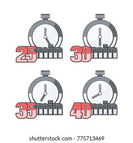 Set of Watch on a White Background. On Watch Time is Determined. 25, 30, 35 and 40 minutes. 
