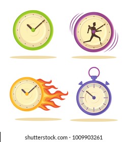 Set of watch poster vector illustration of four round clocks with green lilac and orange frames, running man silhouette bright flame isolated on white
