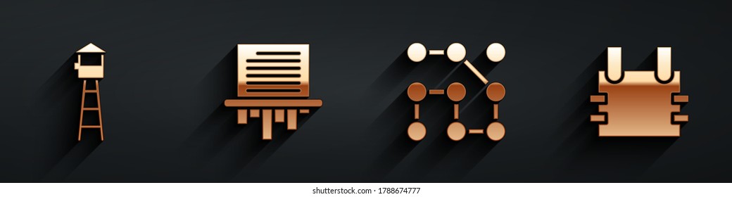 Set Watch tower, Paper shredder, Graphic password protection and Bulletproof vest icon with long shadow. Vector