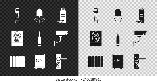 Set Watch Turm, Ringing Alarm Glocke, Pfefferspray, Garden Zaun Holz, Safe, Türgriff, Fingerabdruck und Bullet Symbol. Vektorgrafik
