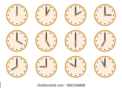 Set of watches with different times. Clock icon isolated. Vector illustration. Clock vector icons