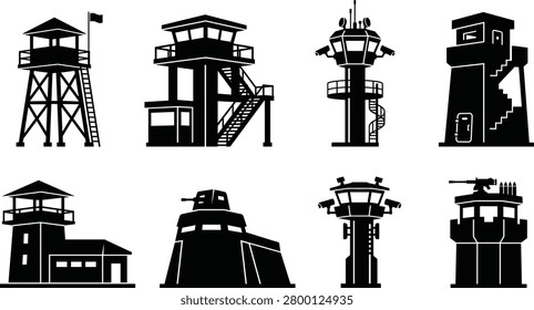 Set of watchtower and security tower icons featuring guard posts, surveillance stations, control towers, and defense structures. Ideal for military concepts, border security systems, surveillance projects, and tactical defense designs.