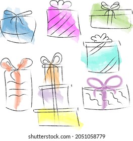 Set of watecolor presents different colors. Vector for greetings, cards