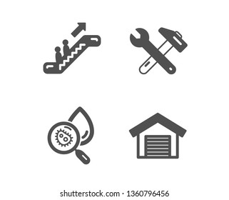Set of Water analysis, Escalator and Spanner tool icons. Parking garage sign. Aqua bacteria, Elevator, Repair. Car place.  Classic design water analysis icon. Flat design. Vector