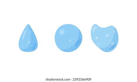 Set of water, aqua. Drop of water, splash of water. The concept of healthy lifestyle balance and healthy lifestyle. Vector illustration in cartoon style, on a white background.
