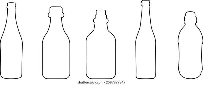 Set of water and beer bottle in outline style. vector art.