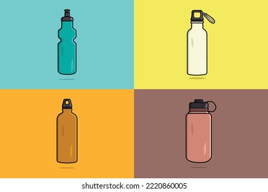 Juego de botellas de agua con la ilustración del icono del vector de correa de transporte. Concepto de diseño de iconos de objetos de bebida, botella de gimnasio, botella de agua de la escuela, agua potable, matraz de fitness, botella de agua deportiva,