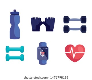 set of water bottle with gloves and dumbbells with smartwatch and heartbeat