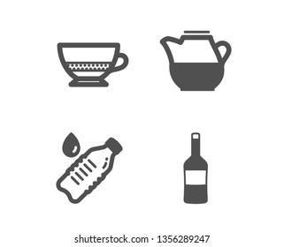 Set of Water bottle, Milk jug and Bombon coffee icons. Wine sign. Still drink, Fresh drink, Cafe bombon. Merlot bottle.  Classic design water bottle icon. Flat design. Vector