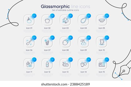 Set of Water bottle, Teacup and Cherry line icons for web app. Pumpkin seed, Frying pan, Food delivery icons. Dish, Eco food, Recipe book signs. Cooking spoon, Acorn, Cooking hat. Vector