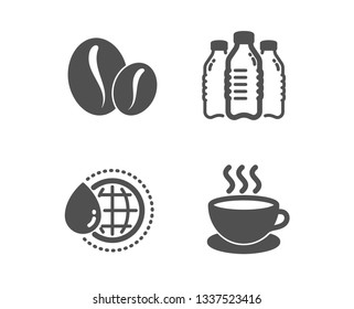 Set of Water bottles, Coffee beans and World water icons. Cappuccino sign. Aqua drinks, Whole bean, Aqua drop. Espresso cup.  Classic design water bottles icon. Flat design. Vector