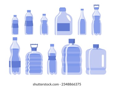 Set of water in bottles concept. Fight against thirst, water salt balance. Purity and freshness. Template, layout and mock up. Cartoon flat vector collection isolated on white background