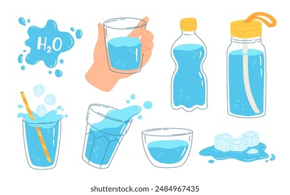 Juego de agua en botellas y vasos. Botella completa con salpicadura y gota de agua con texto. Ilustración vectorial linda dibujada a mano. H2O para la salud. Beba más agua.