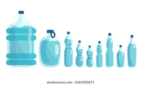 Set of water bottles of various shapes sizes, hand-drawn illustrations in a flat cartoon style.