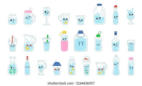 Set of water cartoons. Drinking bottle, glass, cup and mug with cold blue water funny smiling faces isolated on white background. Flat vector illustration