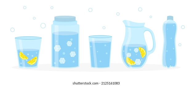 Set of water. Collection of various vessels with liquid. Taking care of your health and hydration. Lemonade and cold drinks for summer. Cartoon flat vector illustration isolated on white background