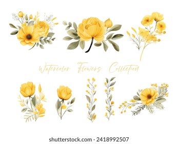 set water color flowers, color yellow very detailed, which is suitable for white background wedding templates