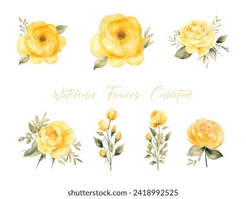 establecer flores color agua, color amarillo muy detallado, lo que es adecuado para plantillas de boda de fondo blanco