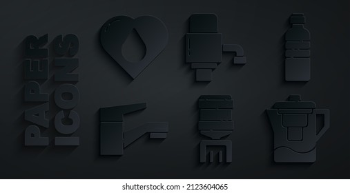 Set Water cooler, Bottle of water, tap, jug with filter, Mechanical pump for and Heart drop icon. Vector
