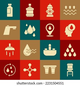 Set Water cooler, drop, Fire hydrant, tap, Bottle of water and with location icon. Vector